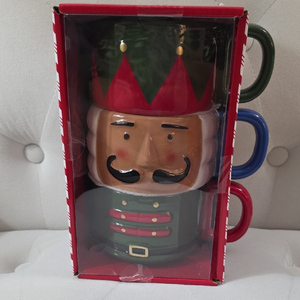 Nutcracker Mug Set with Red, Blue, and Green Handles set of 3, New-in-Pack
